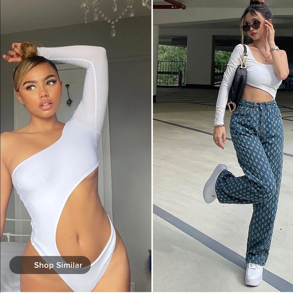 White cut out, one shoulder long sleeve body suit